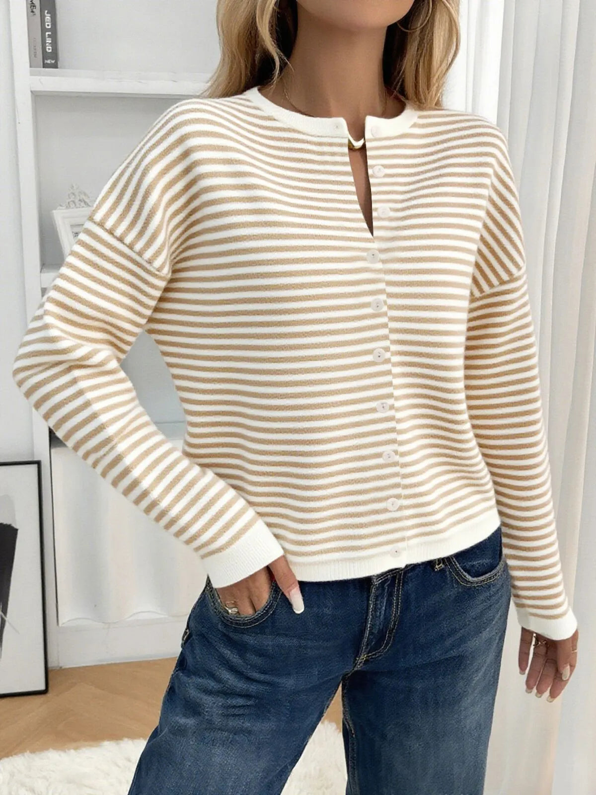 Striped Button Front Open Front Design Round Neck Casual Cardigan Lightweight Fall & Winter Fashion
