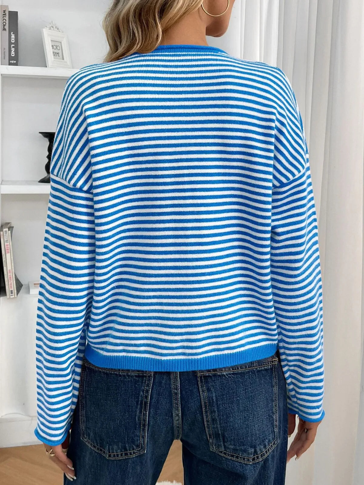 Striped Button Front Open Front Design Round Neck Casual Cardigan Lightweight Fall & Winter Fashion