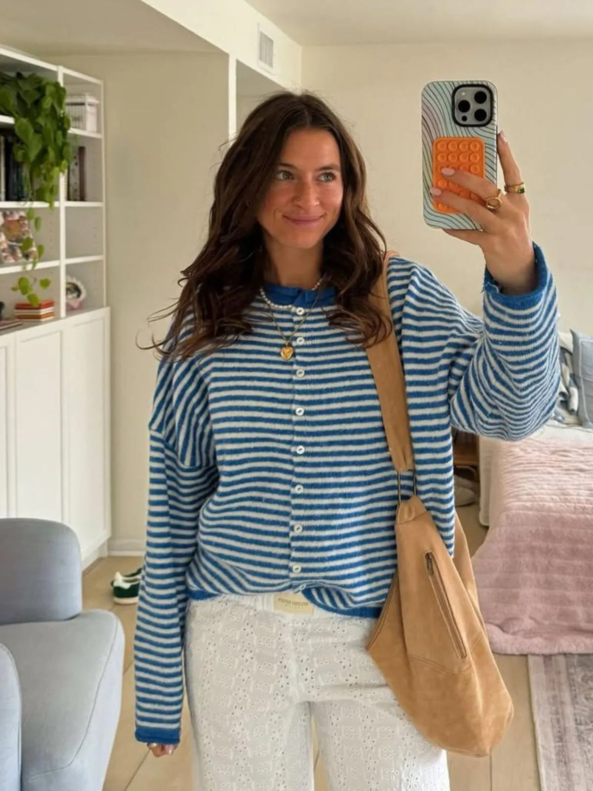 Striped Button Front Open Front Design Round Neck Casual Cardigan Lightweight Fall & Winter Fashion