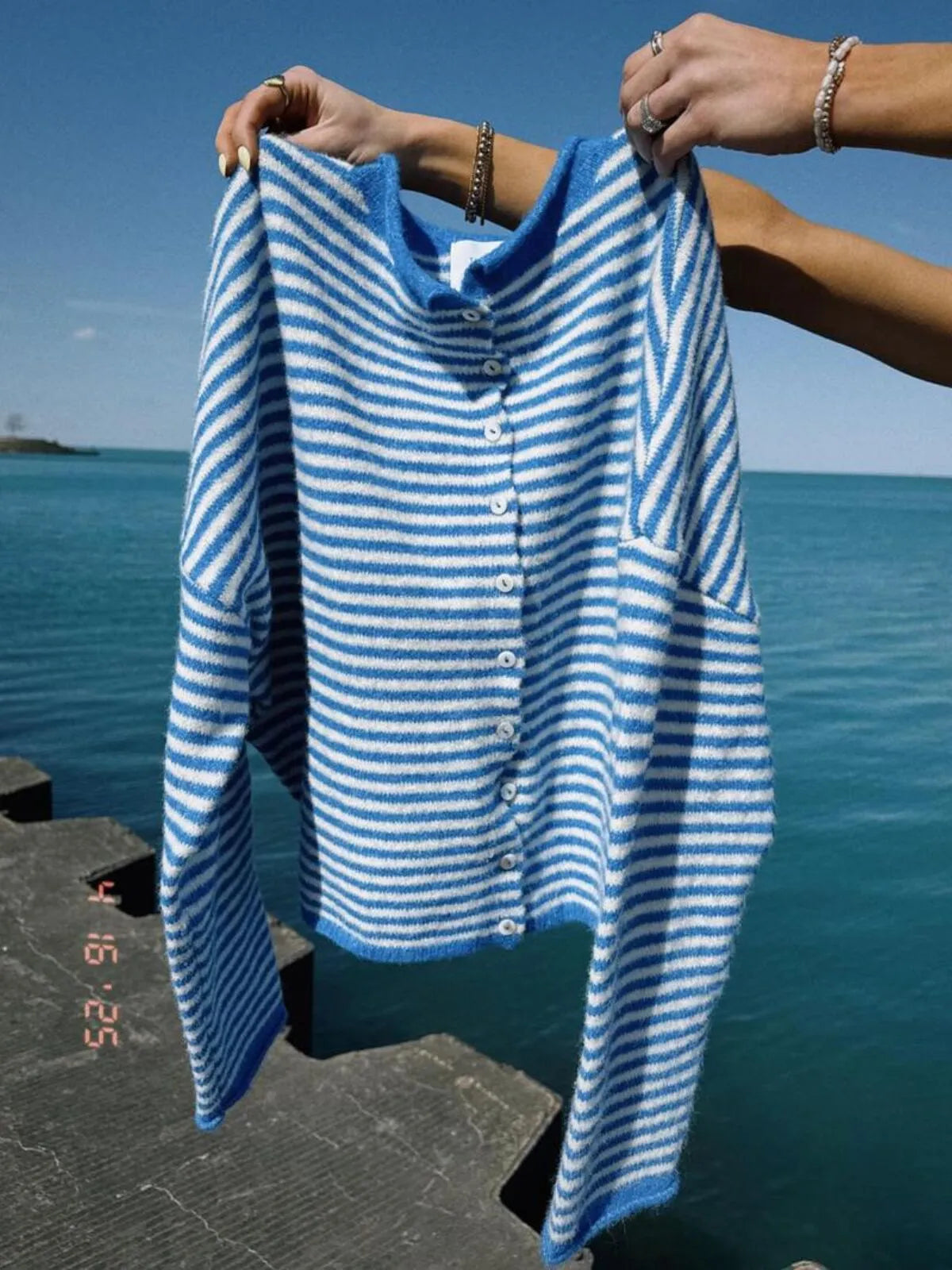 Striped Button Front Open Front Design Round Neck Casual Cardigan Lightweight Fall & Winter Fashion