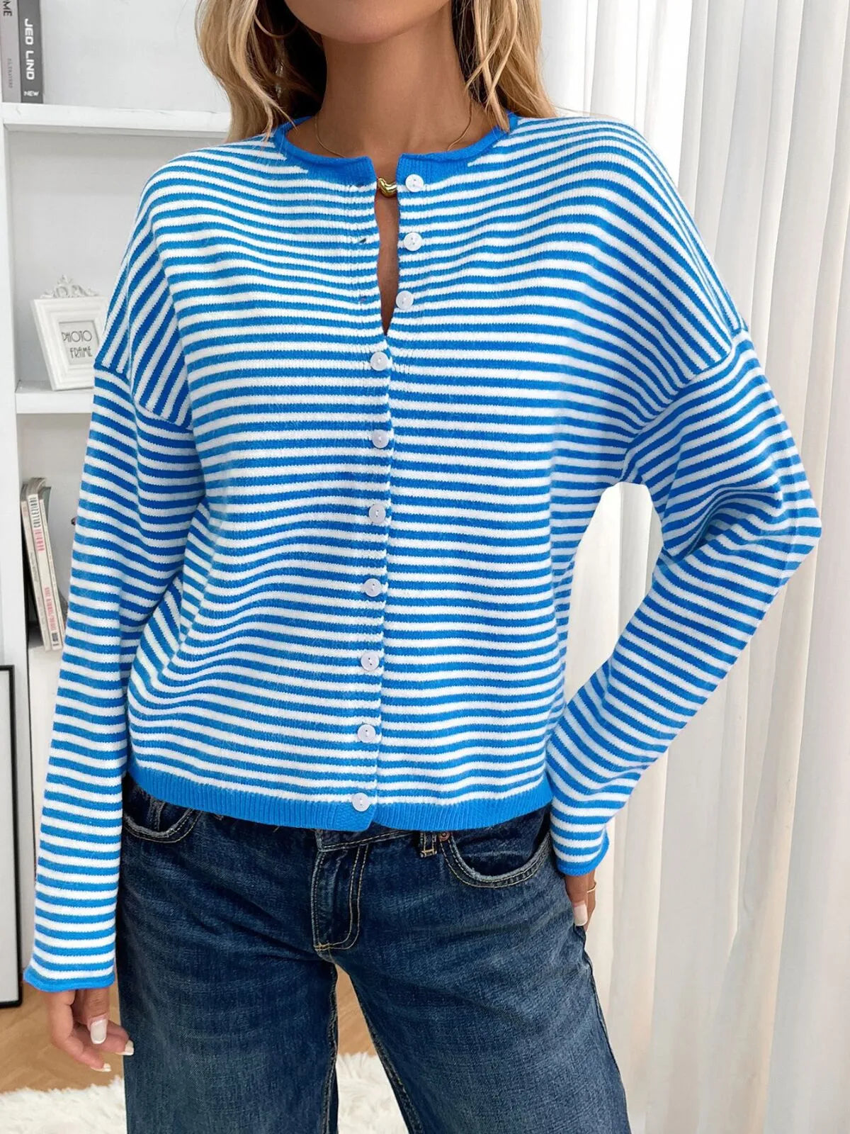 Striped Button Front Open Front Design Round Neck Casual Cardigan Lightweight Fall & Winter Fashion
