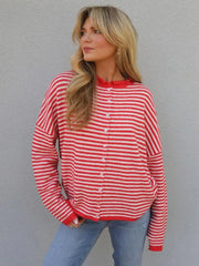 Striped Button Front Open Front Design Round Neck Casual Cardigan Lightweight Fall & Winter Fashion