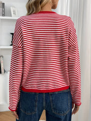 Striped Button Front Open Front Design Round Neck Casual Cardigan Lightweight Fall & Winter Fashion