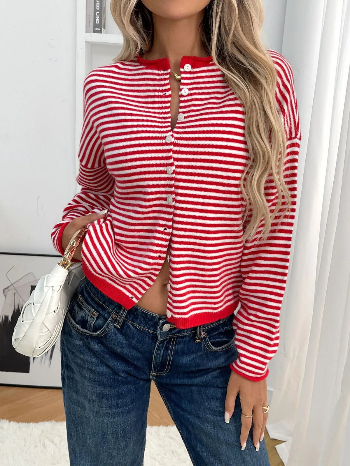 Striped Button Front Open Front Design Round Neck Casual Cardigan Lightweight Fall & Winter Fashion