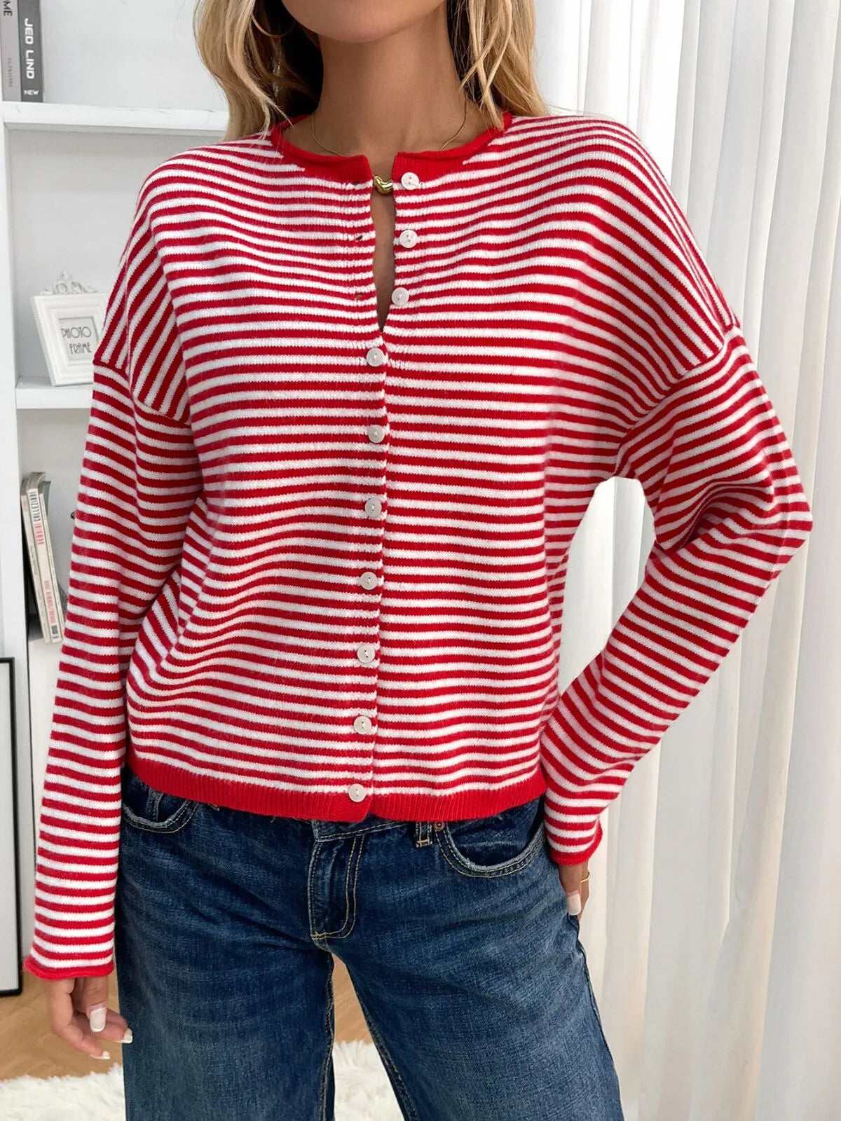 Striped Button Front Open Front Design Round Neck Casual Cardigan Lightweight Fall & Winter Fashion