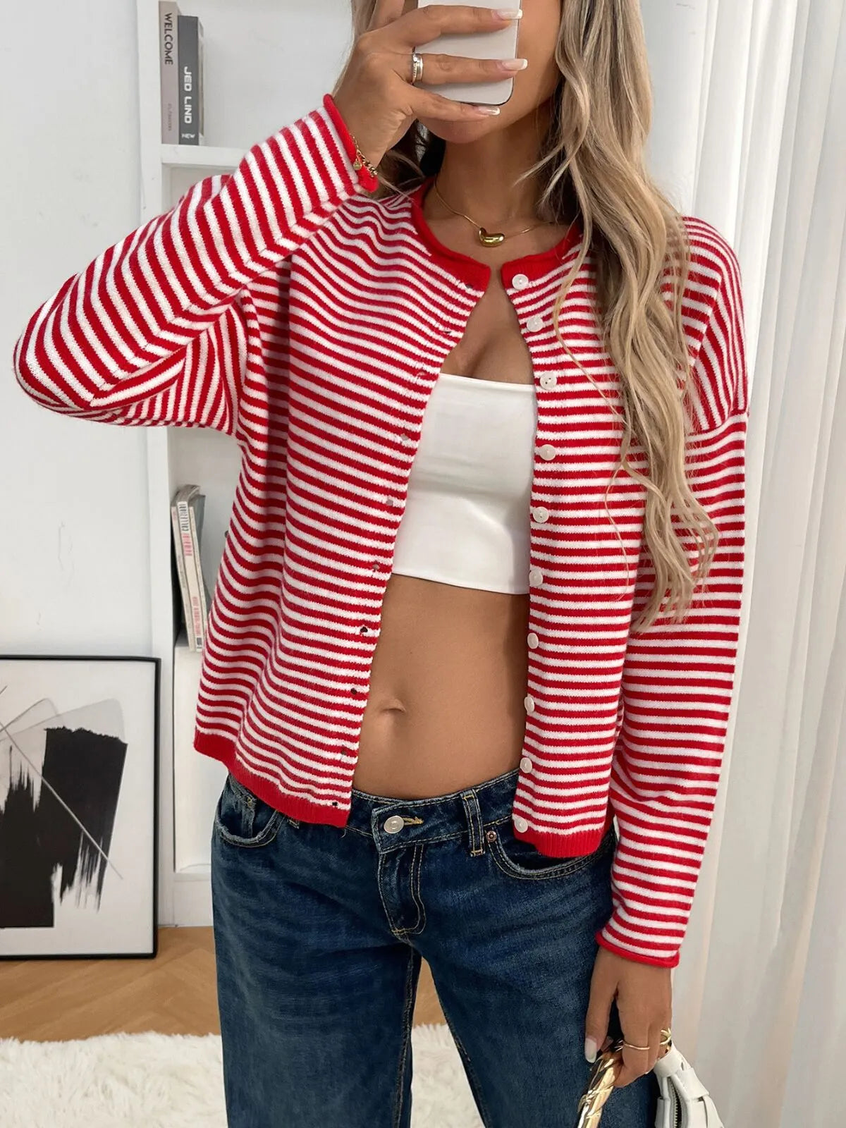 Striped Button Front Open Front Design Round Neck Casual Cardigan Lightweight Fall & Winter Fashion