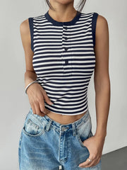 Striped Button Round Neck Cami