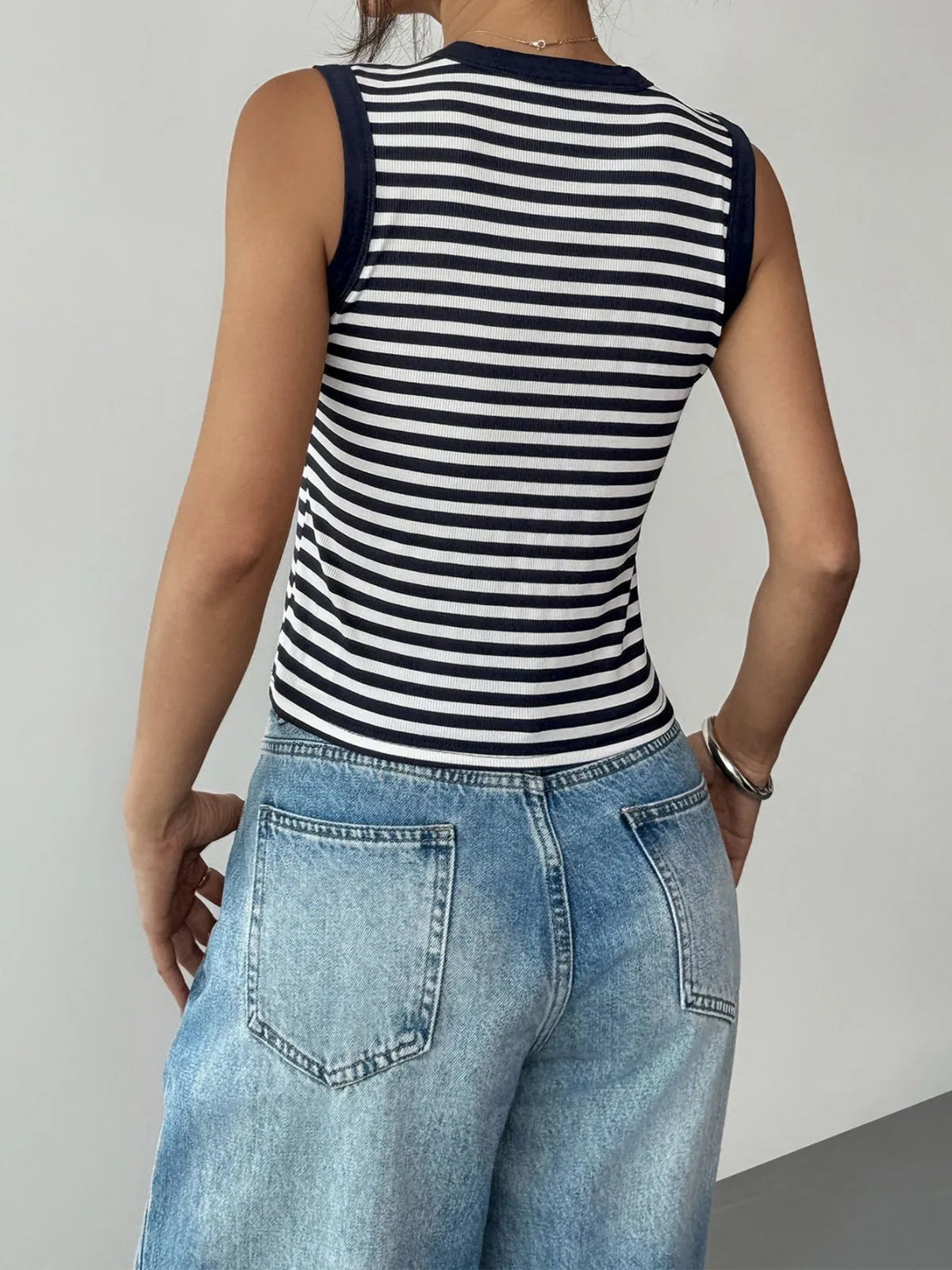 Striped Button Round Neck Cami