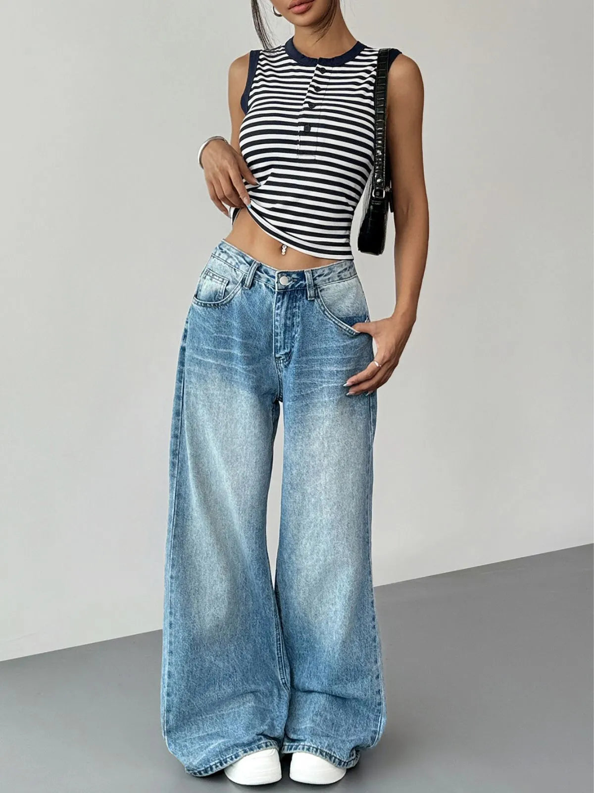 Striped Button Round Neck Cami