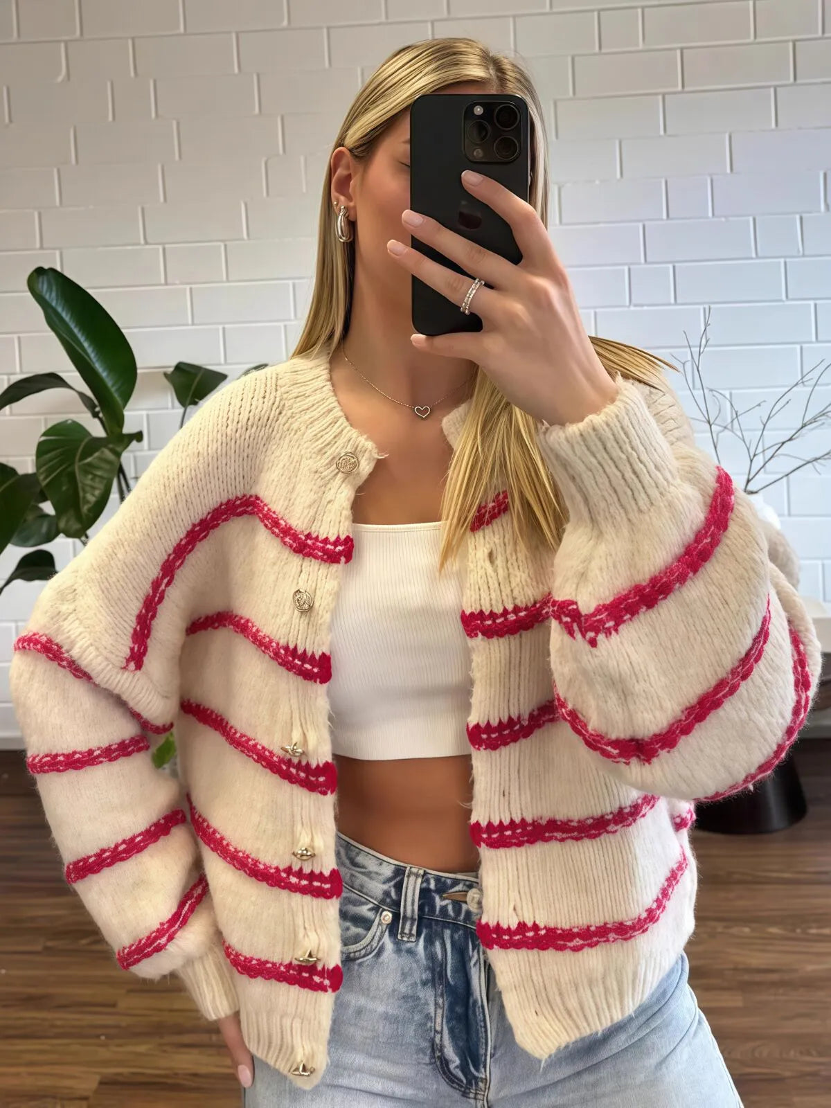 Striped Button V-neck Casual Open Front Outwear Knit Cardigan