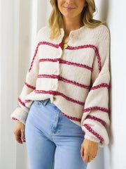 Striped Button V-neck Casual Open Front Outwear Knit Cardigan