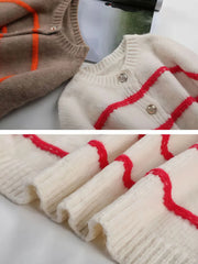 Striped Button V-neck Casual Open Front Outwear Knit Cardigan