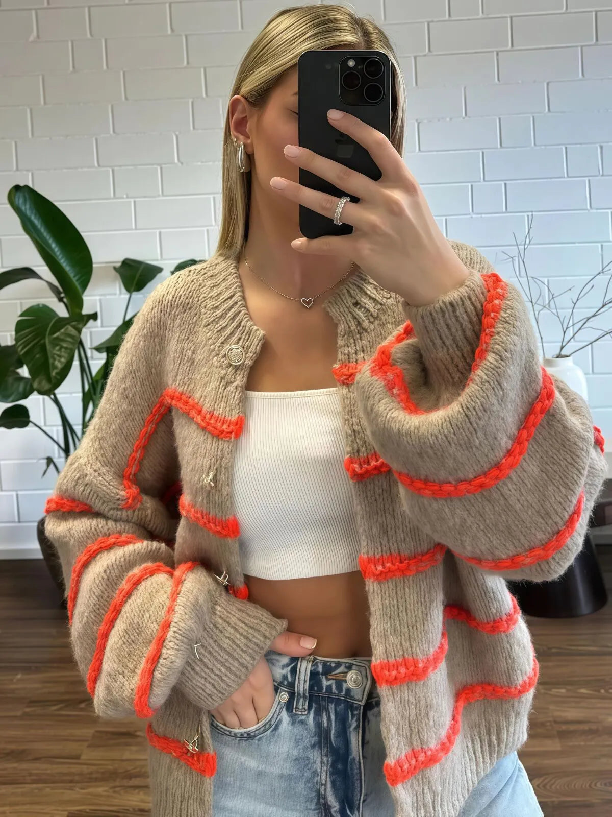 Striped Button V-neck Casual Open Front Outwear Knit Cardigan