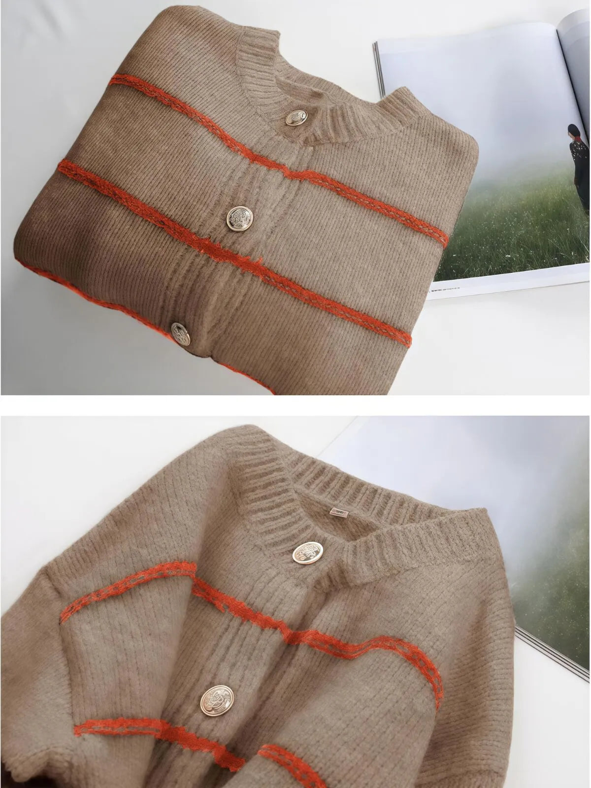 Striped Button V-neck Casual Open Front Outwear Knit Cardigan