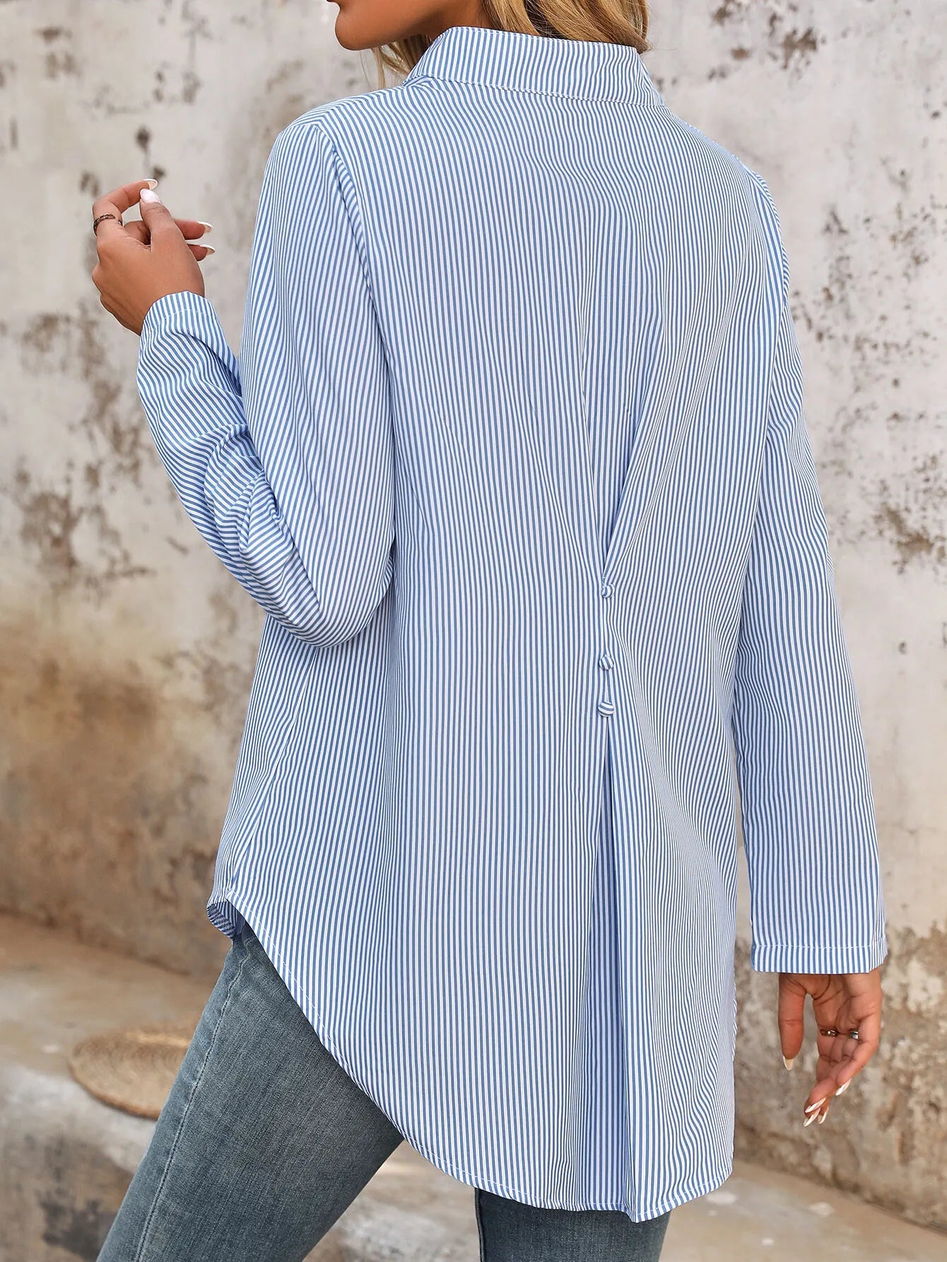Striped Button V-neck Long Sleeve Blouse