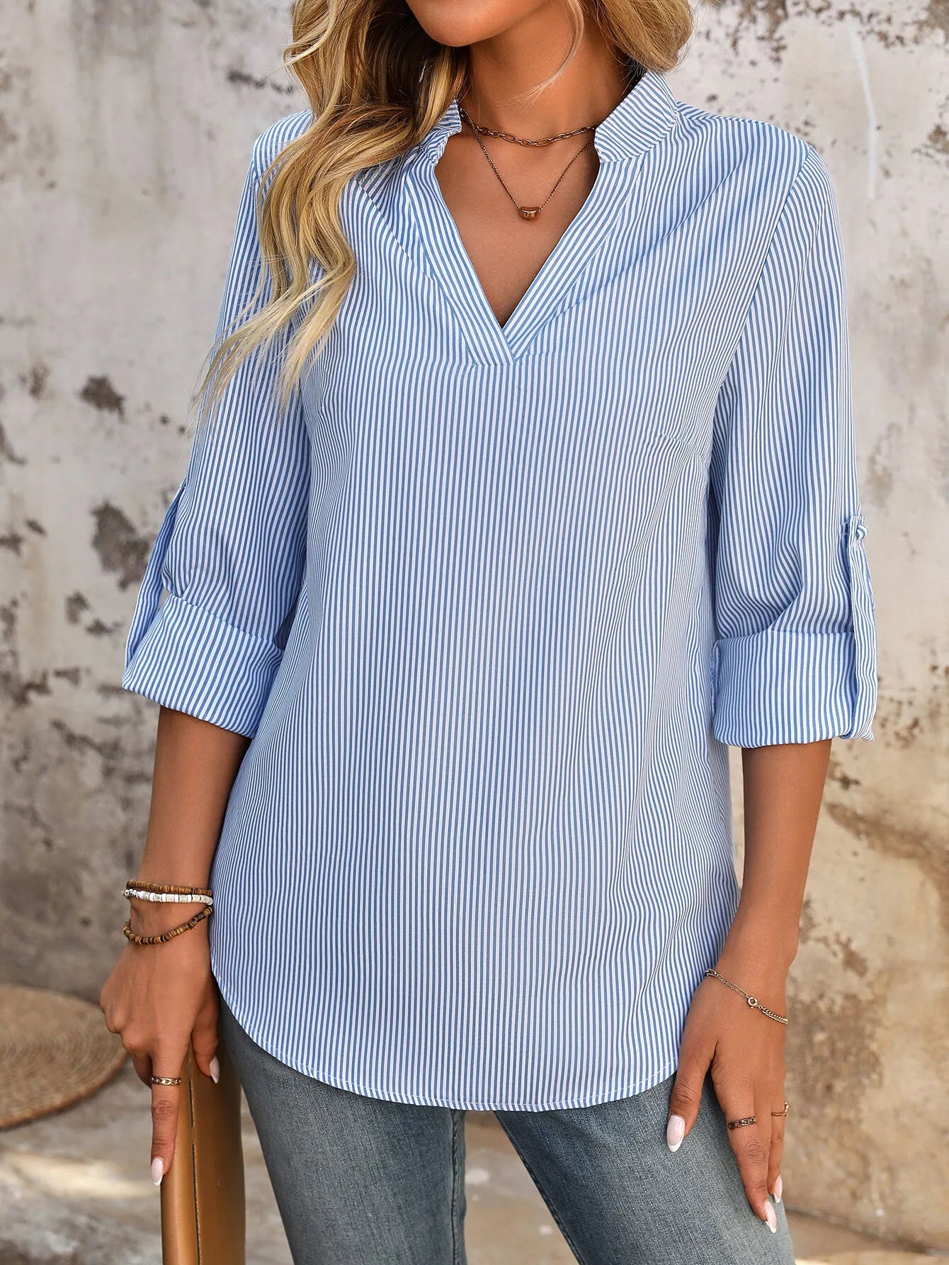 Striped Button V-neck Long Sleeve Blouse