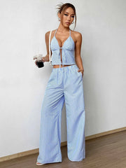 Summer Chic Striped Halter Lace-up Cami and Striped Palazzo Pants Set