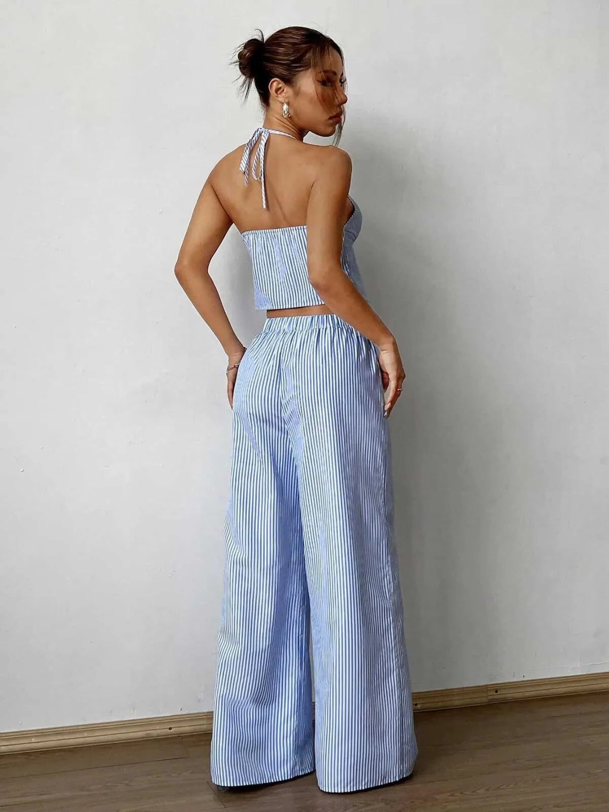 Summer Chic Striped Halter Lace-up Cami and Striped Palazzo Pants Set