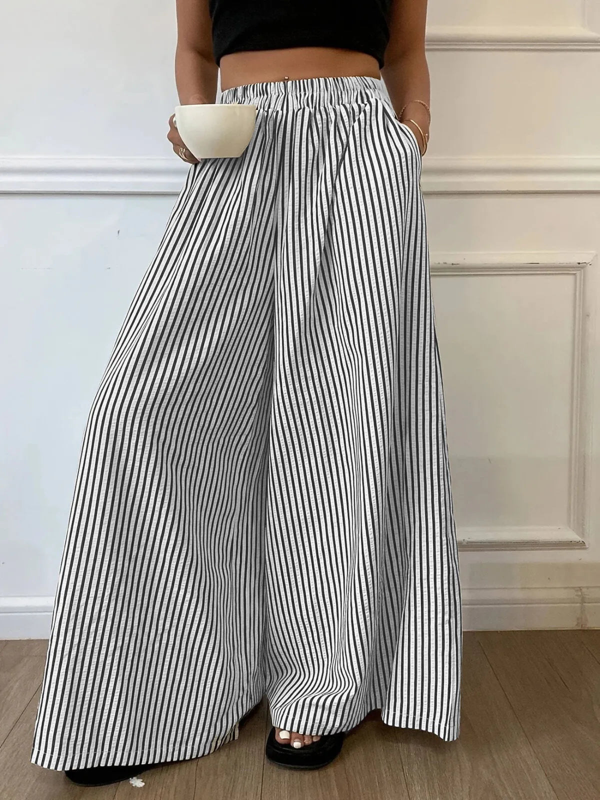 Daily Wear Casual Comfy Pocket  Striped Print Elastic Waist Wide Leg Pants