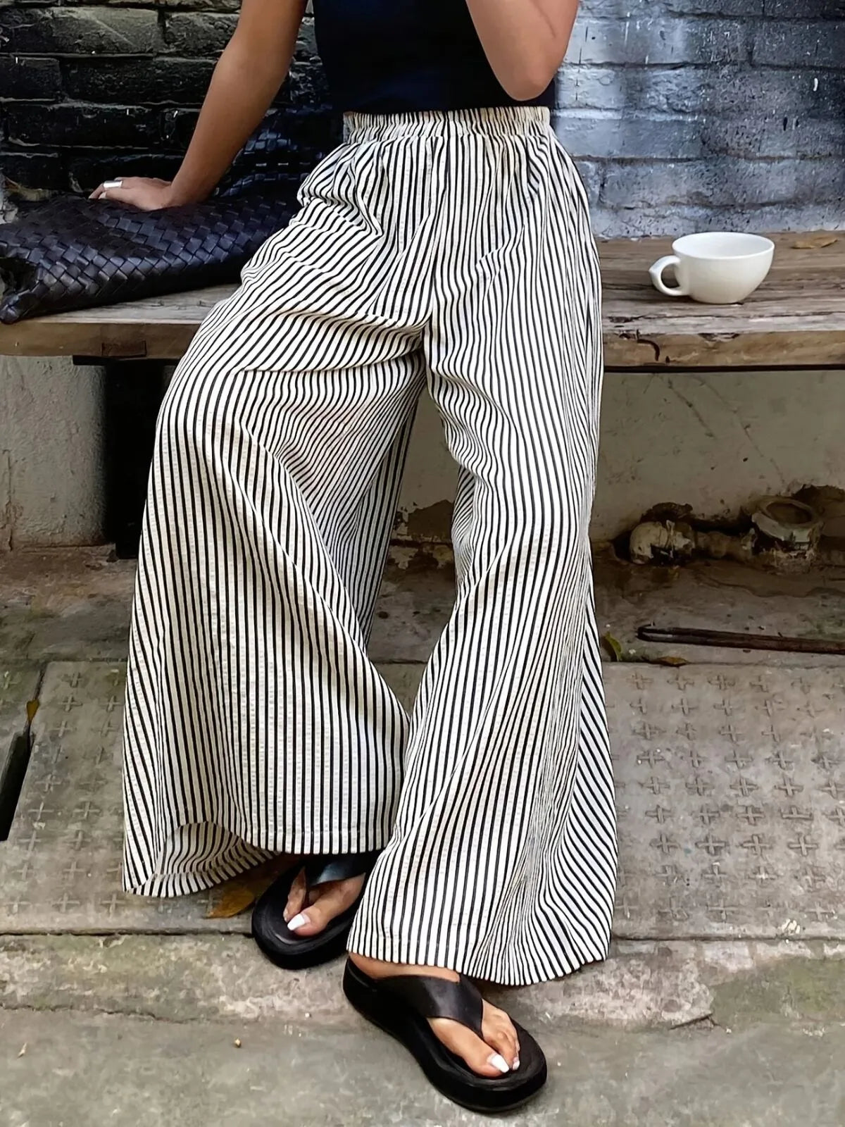 Daily Wear Casual Comfy Pocket  Striped Print Elastic Waist Wide Leg Pants