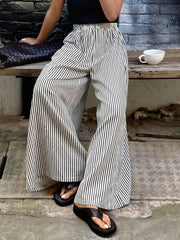 Daily Wear Casual Comfy Pocket  Striped Print Elastic Waist Wide Leg Pants