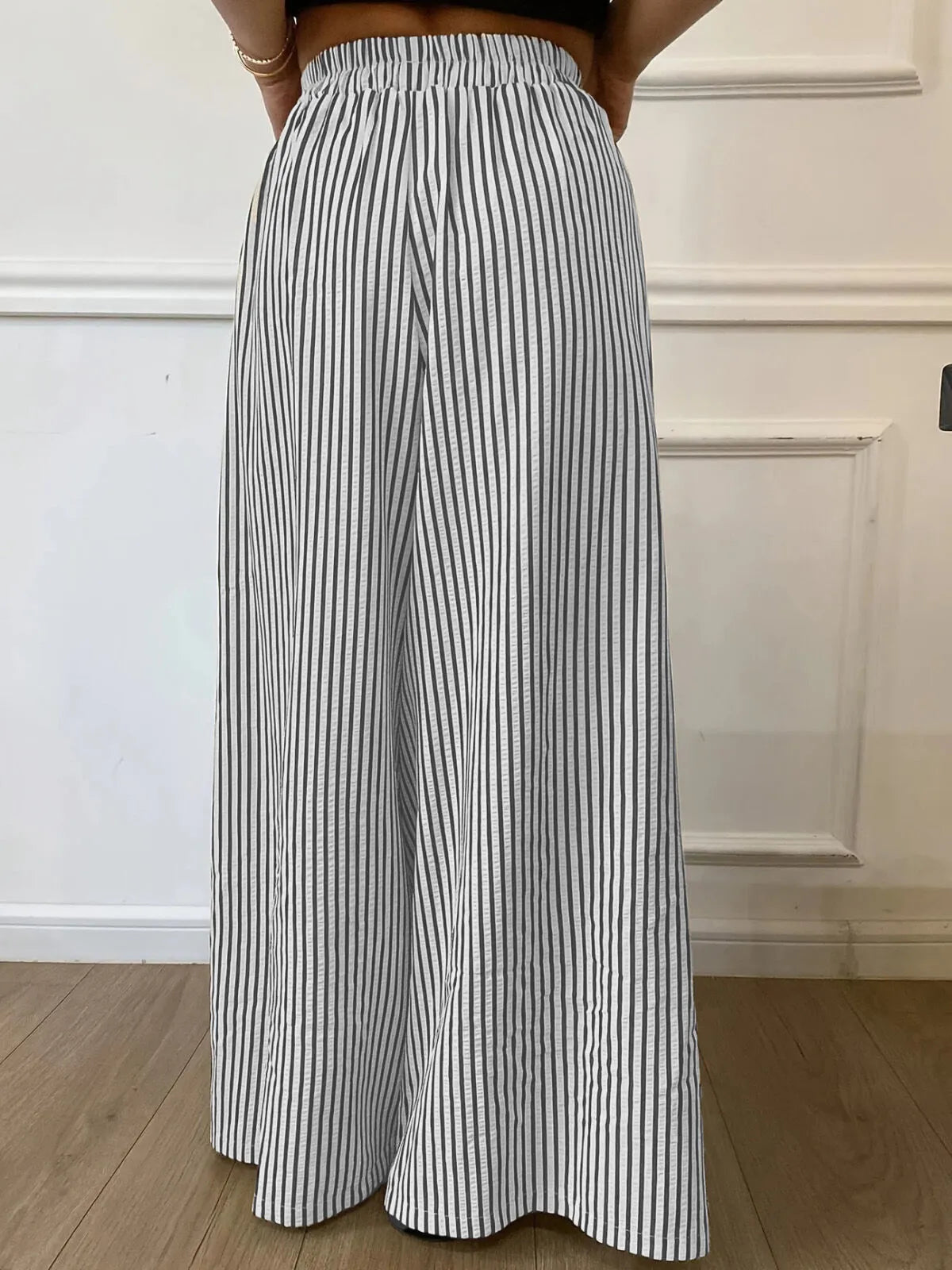 Daily Wear Casual Comfy Pocket  Striped Print Elastic Waist Wide Leg Pants