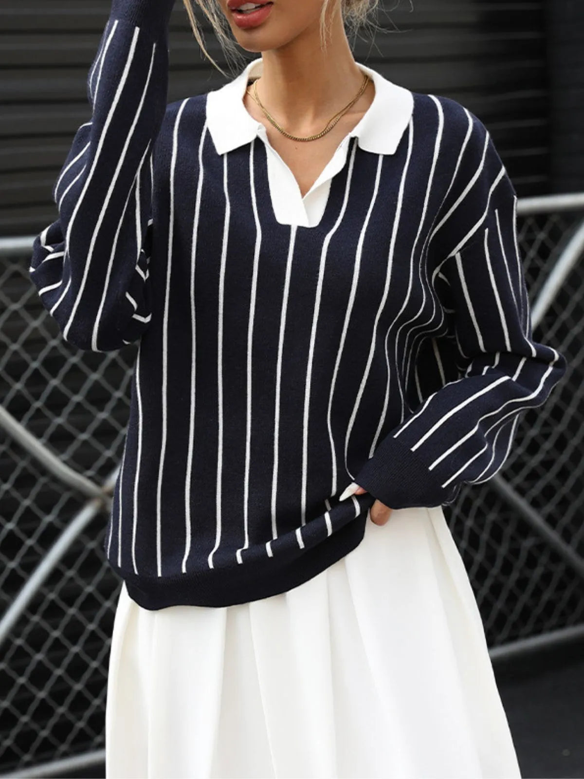 Striped Lapel Preppy Street Fashion Sweater