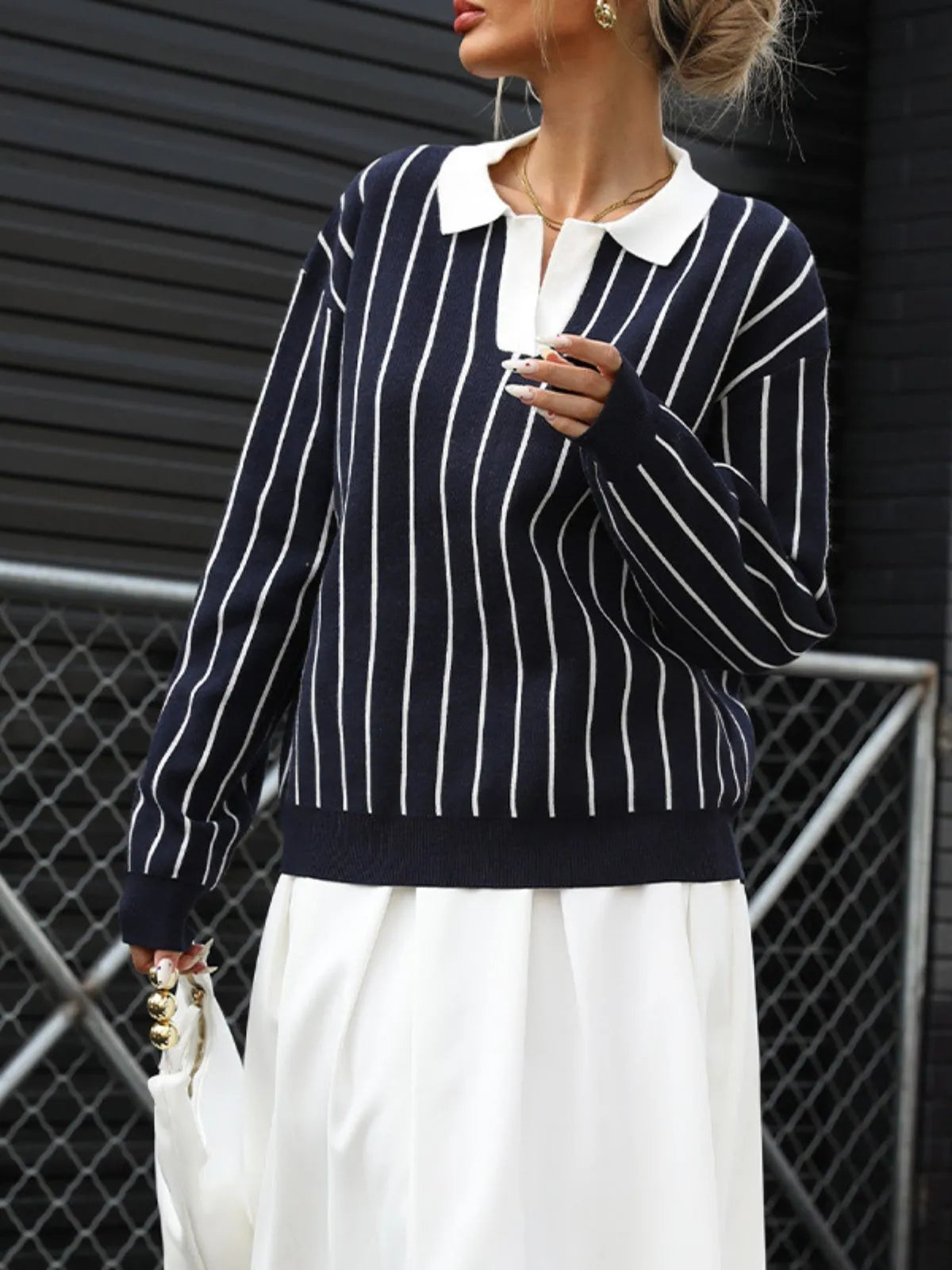Striped Lapel Preppy Street Fashion Sweater