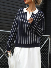 Striped Lapel Preppy Street Fashion Sweater