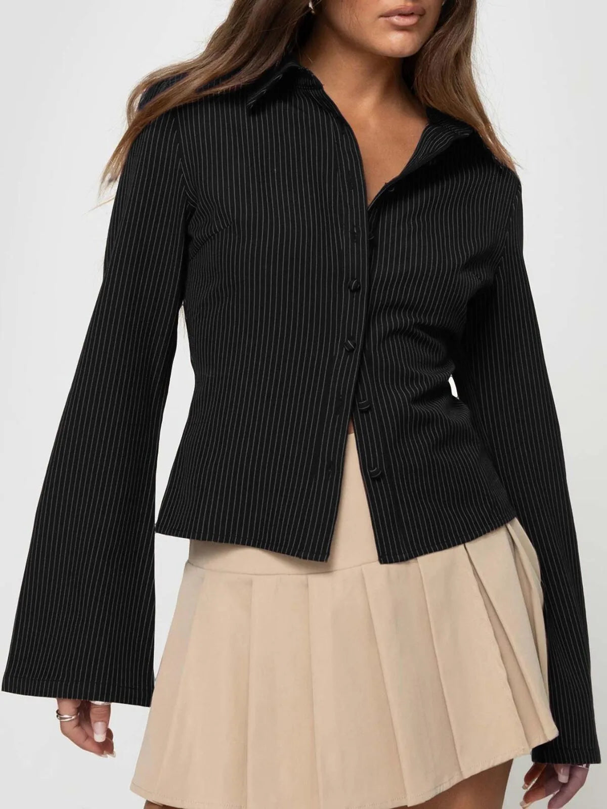 Casual Chic Fitted Long Sleeve All Over Striped Print Button Front Collared Blouse
