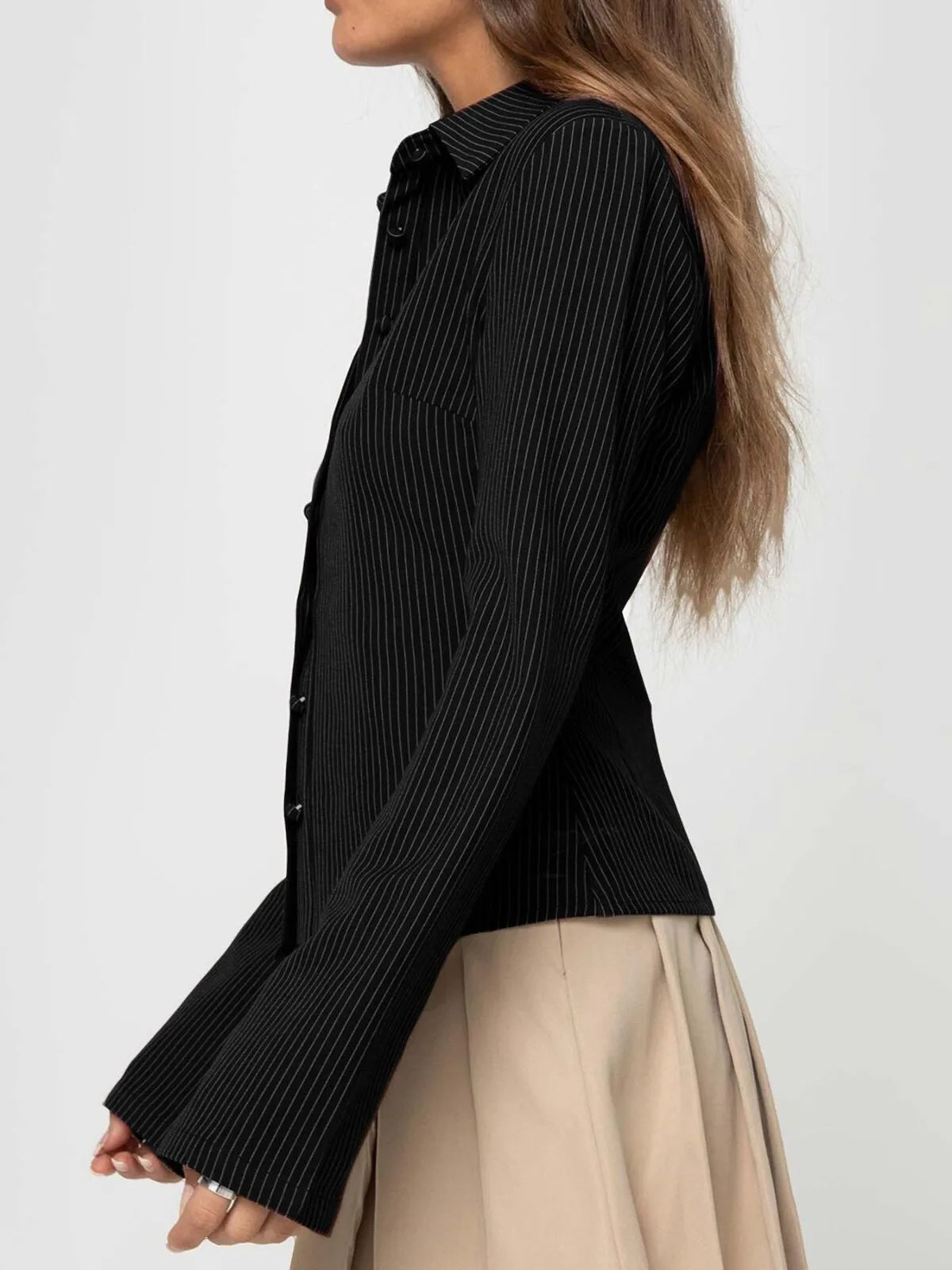 Casual Chic Fitted Long Sleeve All Over Striped Print Button Front Collared Blouse