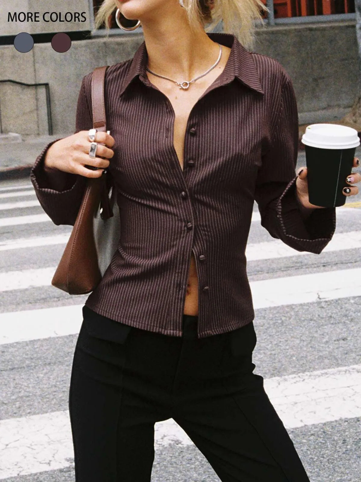 Casual Chic Fitted Long Sleeve All Over Striped Print Button Front Collared Blouse