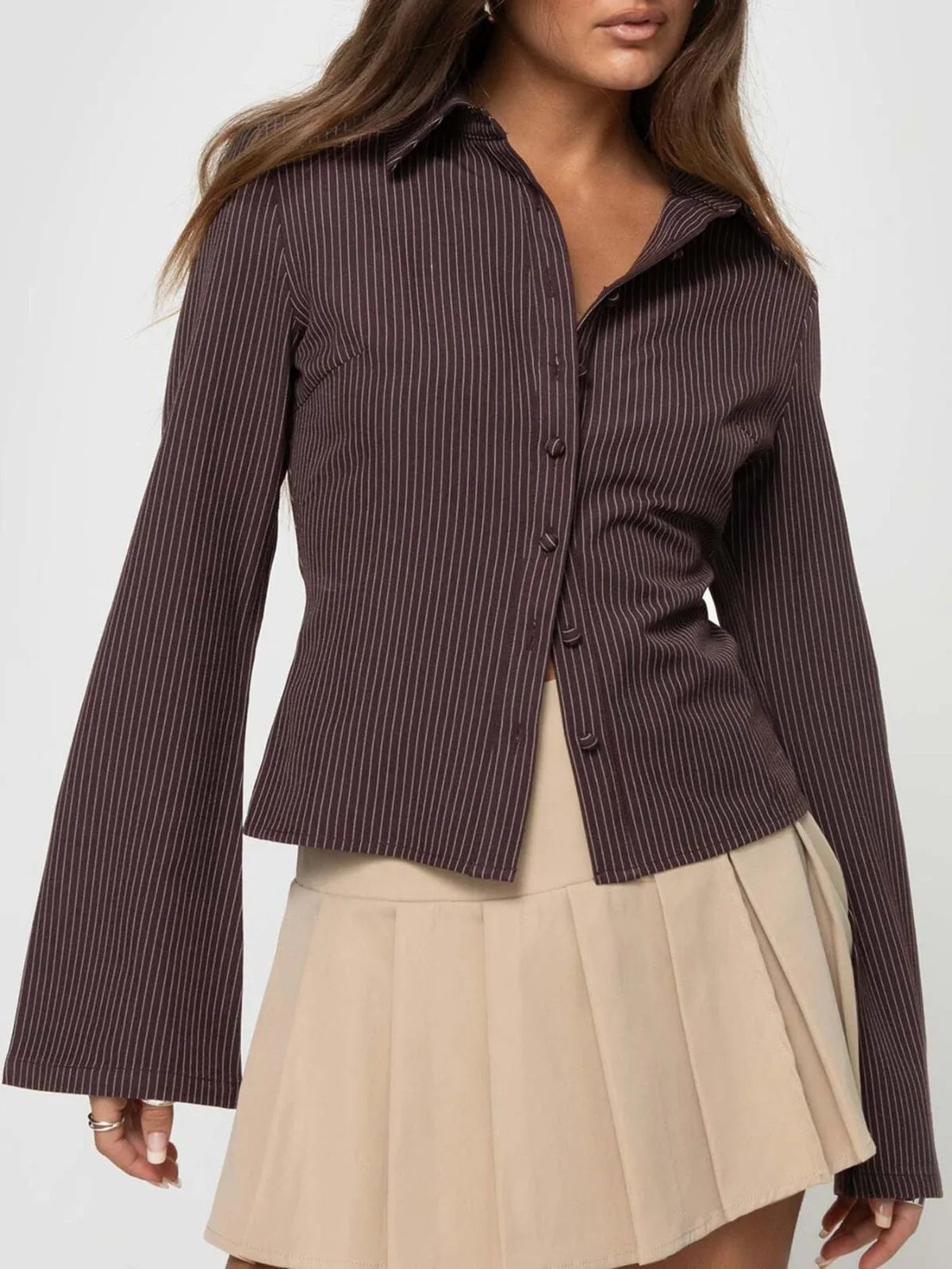 Casual Chic Fitted Long Sleeve All Over Striped Print Button Front Collared Blouse