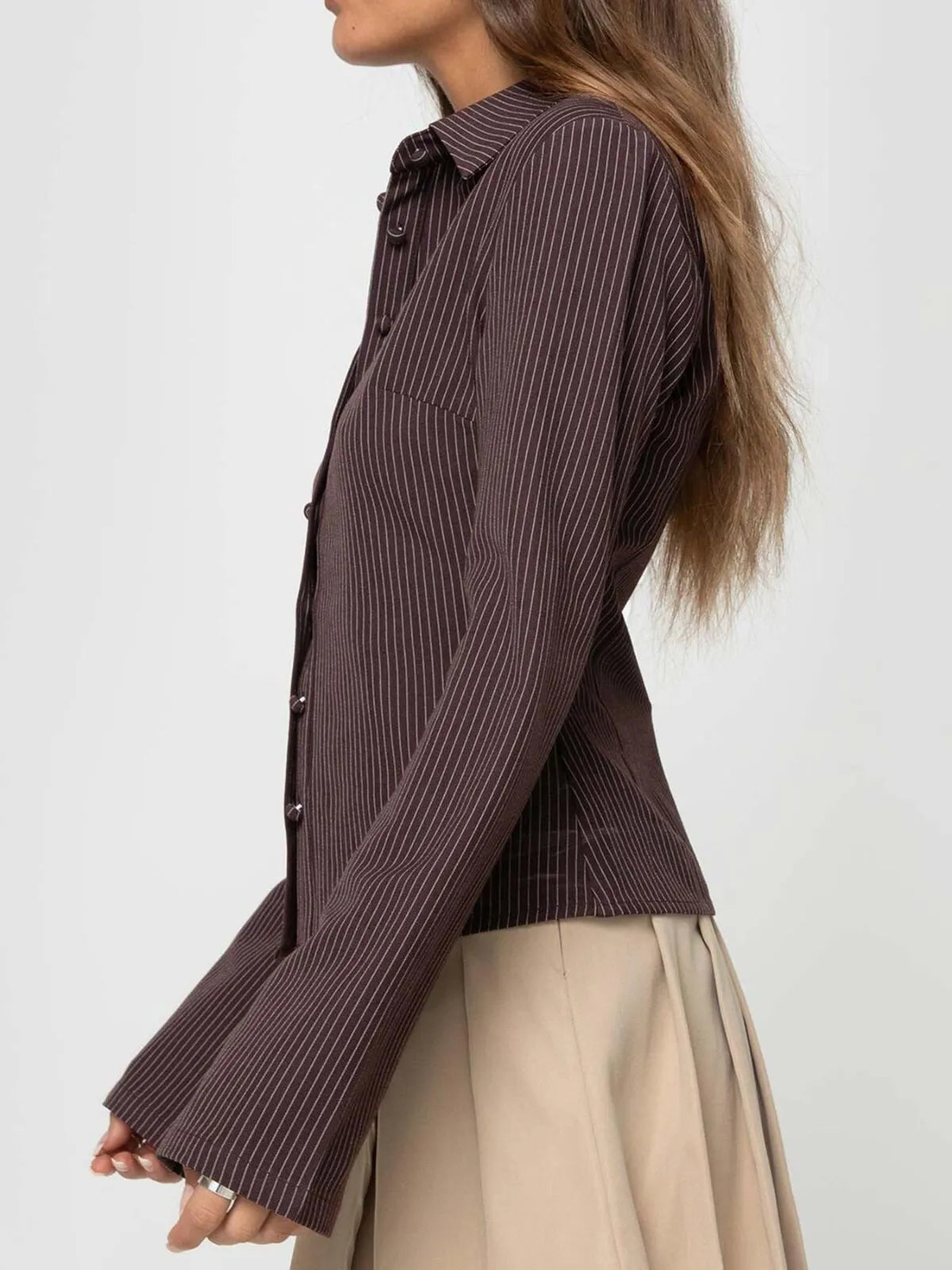 Casual Chic Fitted Long Sleeve All Over Striped Print Button Front Collared Blouse
