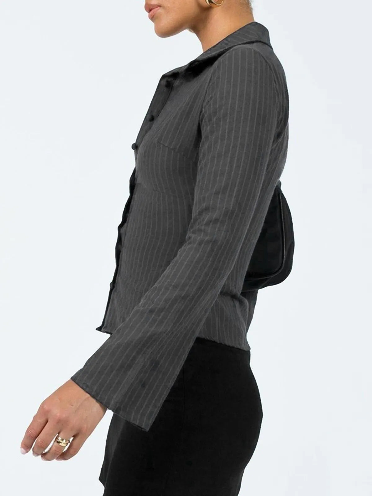 Casual Chic Fitted Long Sleeve All Over Striped Print Button Front Collared Blouse
