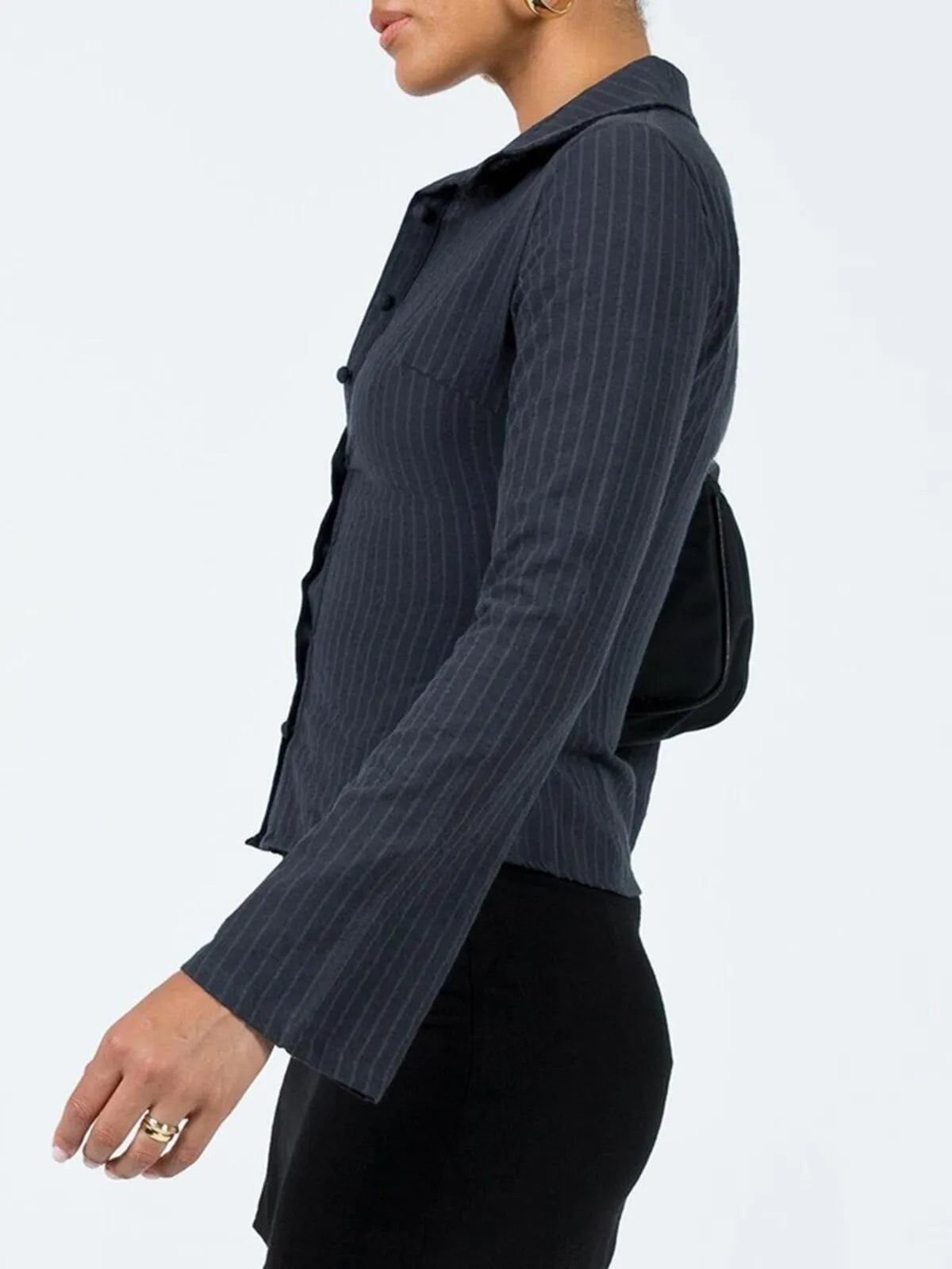 Casual Chic Fitted Long Sleeve All Over Striped Print Button Front Collared Blouse