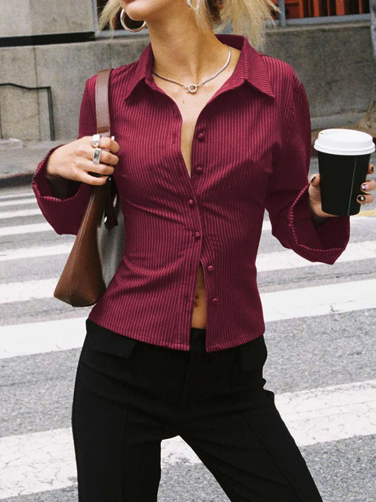 Casual Chic Fitted Long Sleeve All Over Striped Print Button Front Collared Blouse 1200