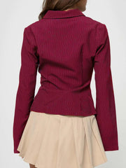 Casual Chic Fitted Long Sleeve All Over Striped Print Button Front Collared Blouse