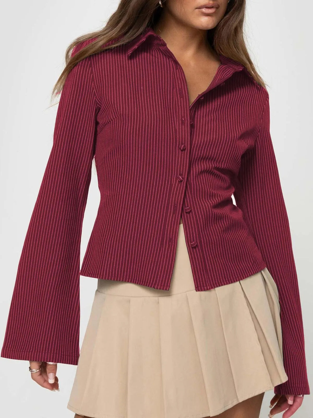 Casual Chic Fitted Long Sleeve All Over Striped Print Button Front Collared Blouse