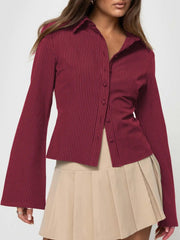 Casual Chic Fitted Long Sleeve All Over Striped Print Button Front Collared Blouse
