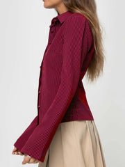 Casual Chic Fitted Long Sleeve All Over Striped Print Button Front Collared Blouse