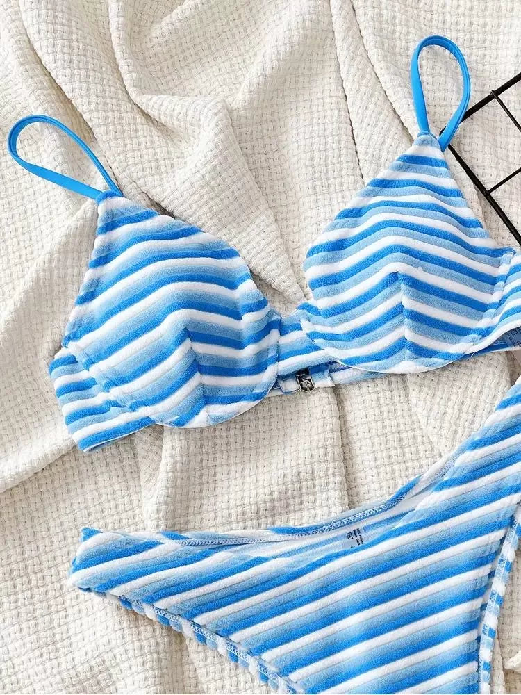 Striped Low Rise Spaghetti Strap Sleeveless Bikini 