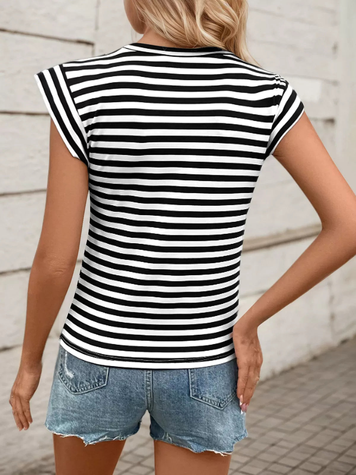 Striped Round Neck Cap Super Short Sleeve T-shirt