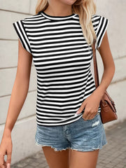 Striped Round Neck Cap Super Short Sleeve T-shirt