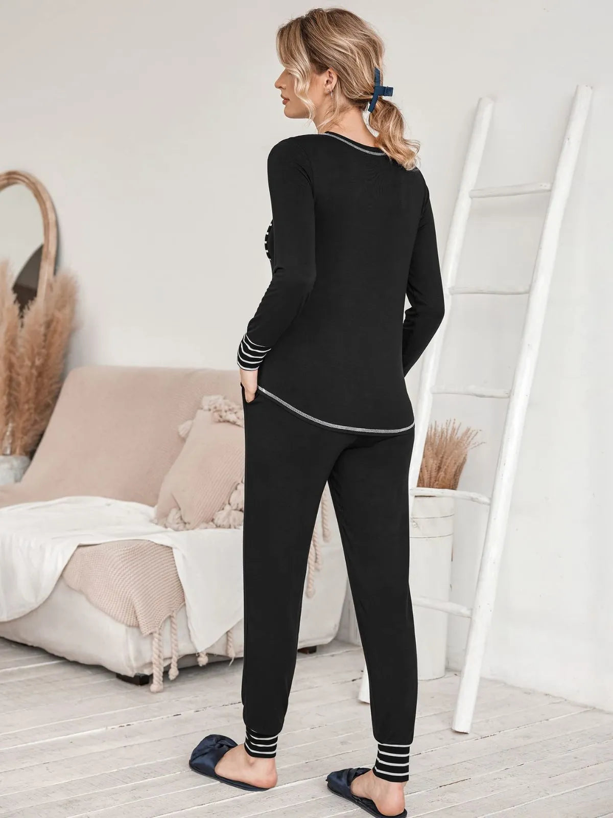 Striped Round Neck Patchwork T-shirt & Drawstring Pants