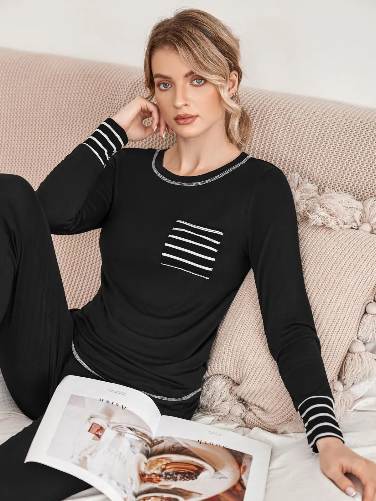 Striped Round Neck Patchwork T-shirt & Drawstring Pants