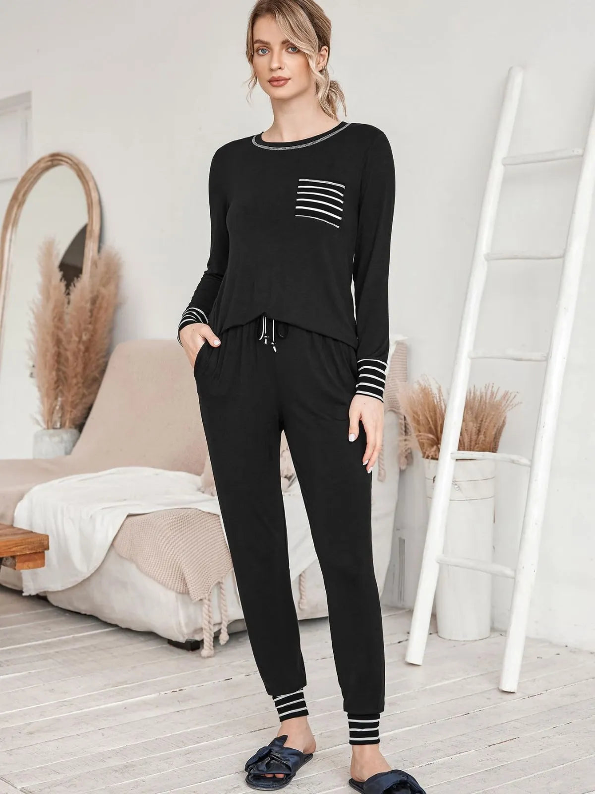 Striped Round Neck Patchwork T-shirt & Drawstring Pants