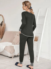 Striped Round Neck Patchwork T-shirt & Drawstring Pants