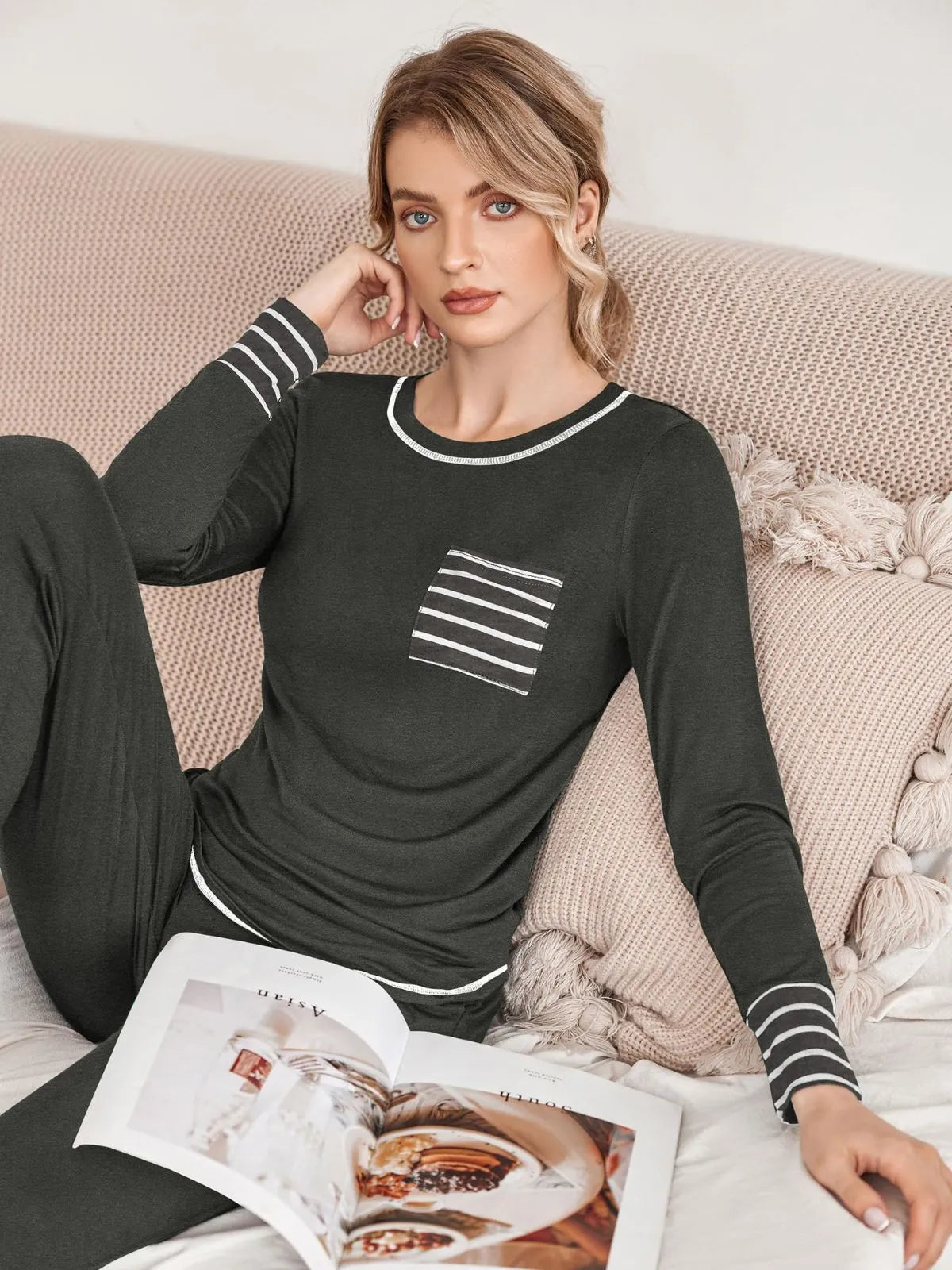 Striped Round Neck Patchwork T-shirt & Drawstring Pants
