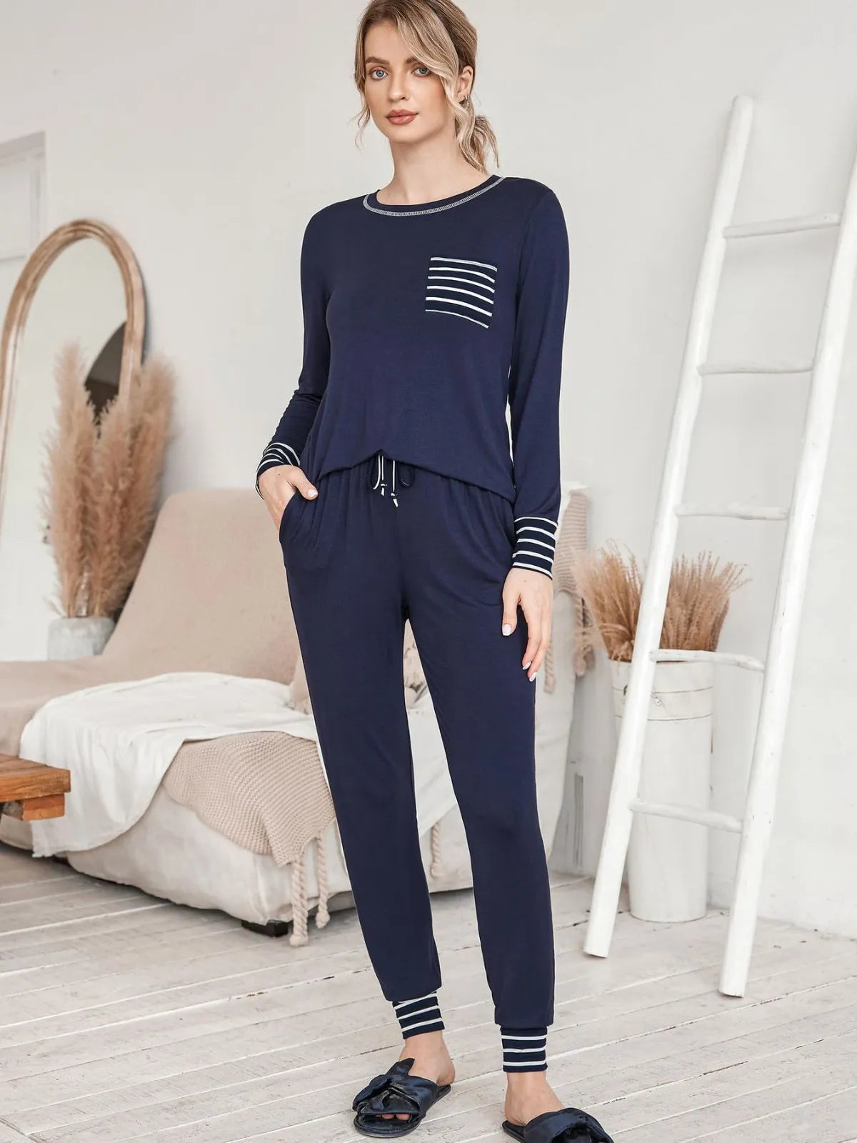 Striped Round Neck Patchwork T-shirt & Drawstring Pants